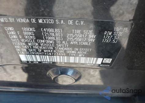 2016 Honda Hr-V Ex-L z USA, uszkodzony, nr VIN 3CZRU6H7XGM723498